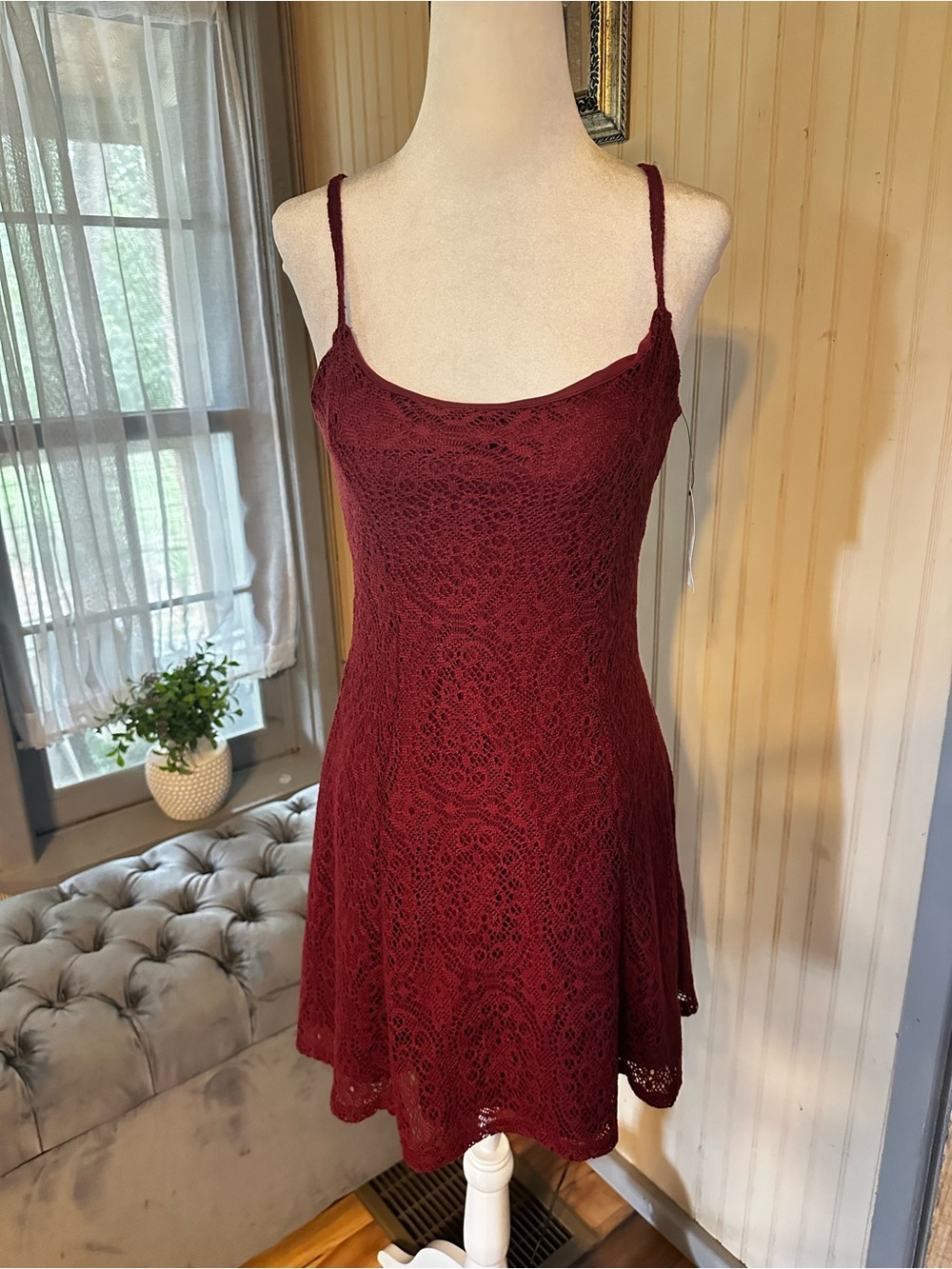 NWT Garage Crochet Lace Fit & Flare Mini Dress Burgundy Small Lined Open Back